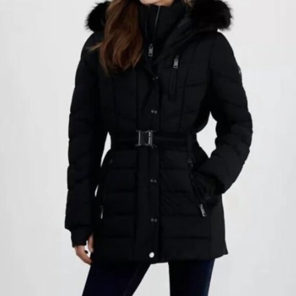Michael Kors Petite Belted Faux-Fur-Trim Hooded Puffer Coat PXS black - Picture 1 of 12